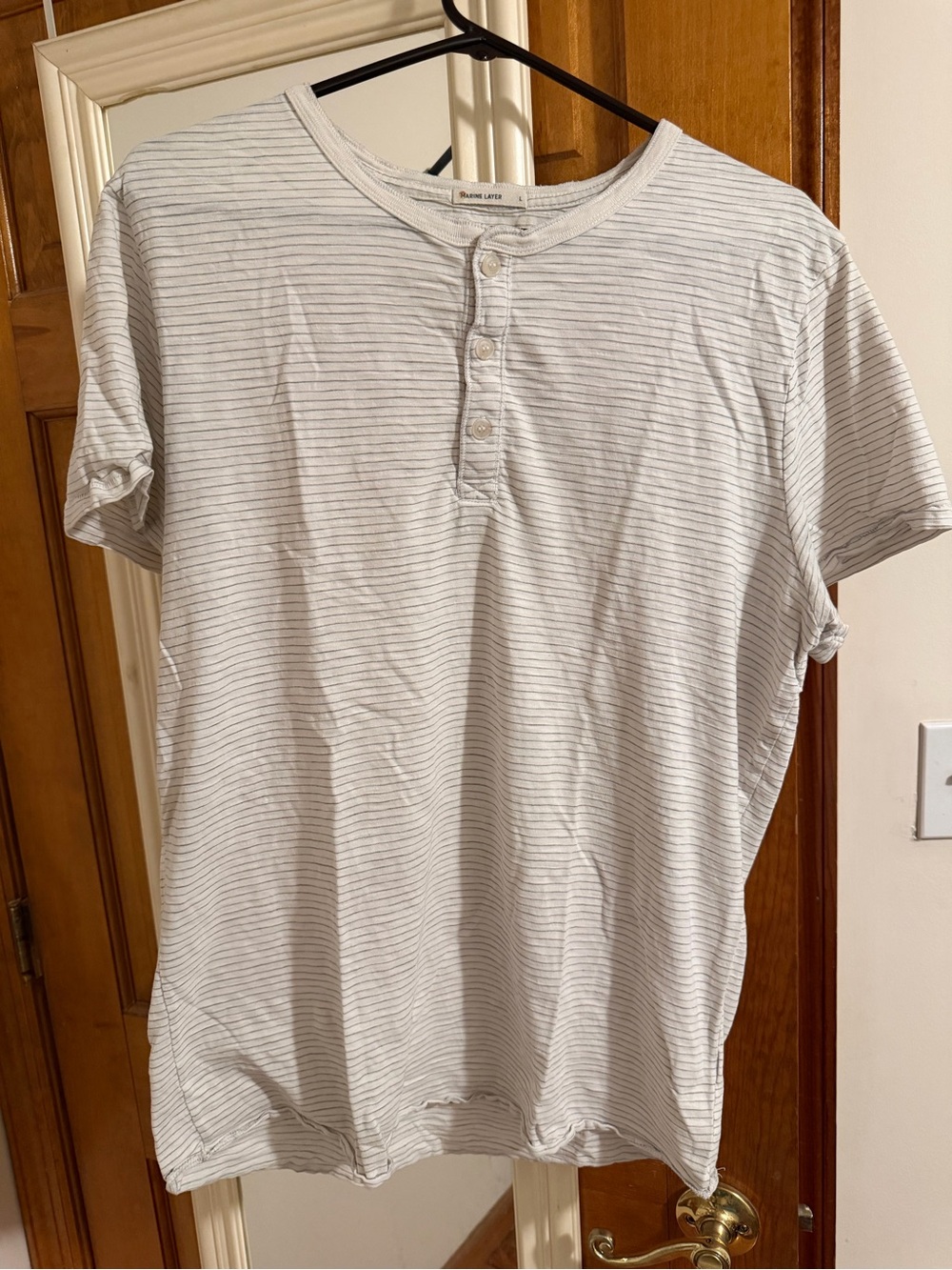 Marine Layer White Short-Sleeve Henley with Thin Gray Stripes